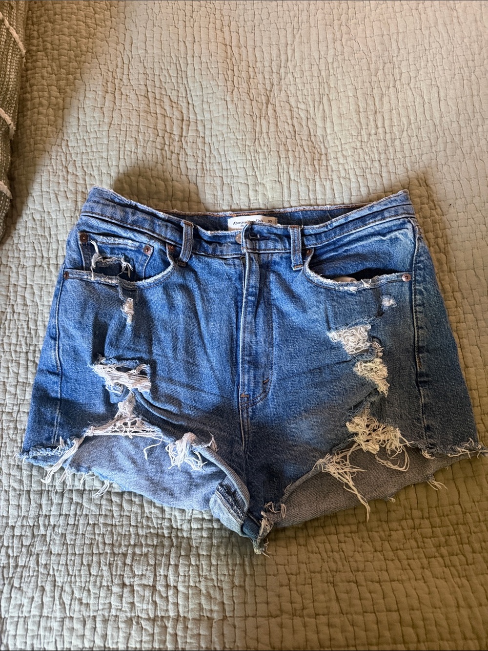 Abercrombie and Fitch Distressed High-Waist Women’s Denim Shorts - Blue - Picture 1 of 3